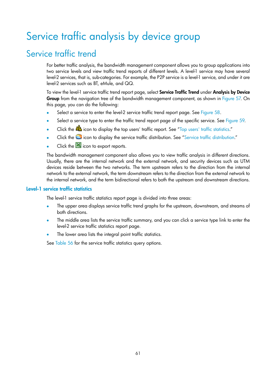 Service traffic analysis by device group, Service traffic trend, Level-1 service traffic statistics | H3C Technologies H3C SecCenter UTM Manager User Manual | Page 69 / 262