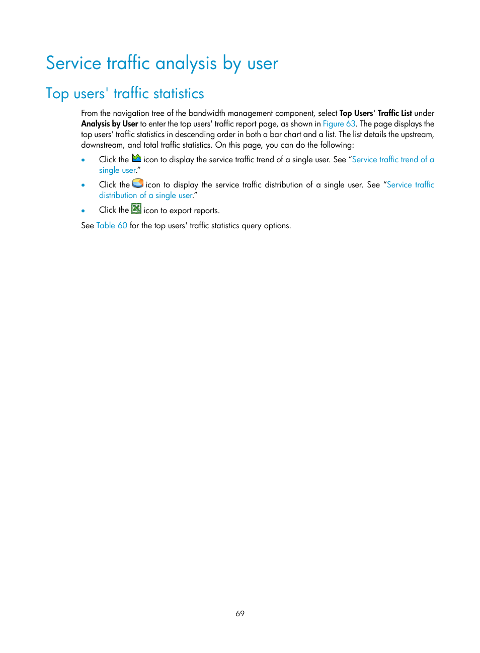 Service traffic analysis by user, Top users' traffic statistics | H3C Technologies H3C SecCenter UTM Manager User Manual | Page 77 / 262