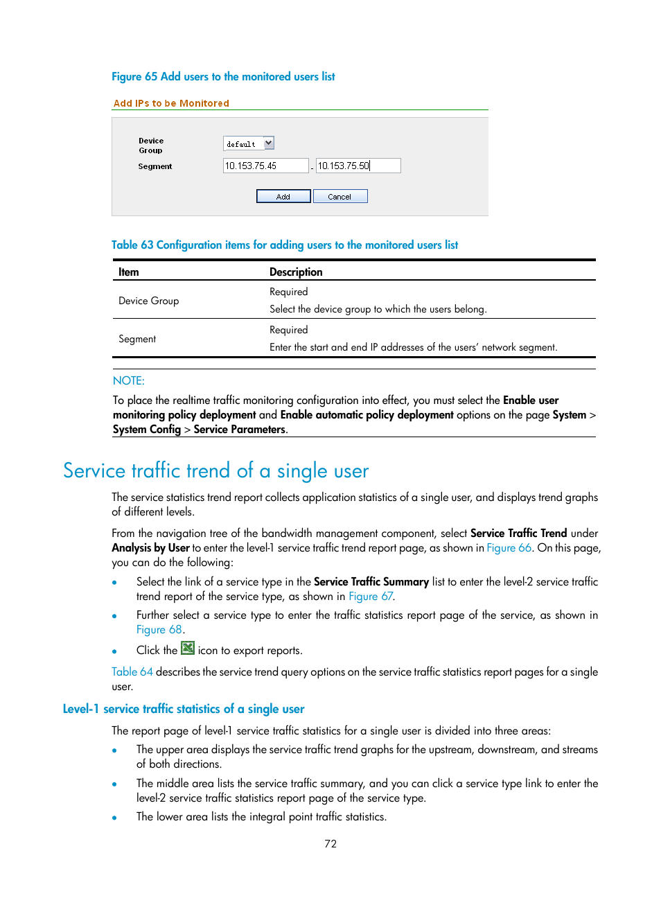 Service traffic trend of a single user, Service traffic trend of a, Single user | Figure 65, Table 63 | H3C Technologies H3C SecCenter UTM Manager User Manual | Page 80 / 262