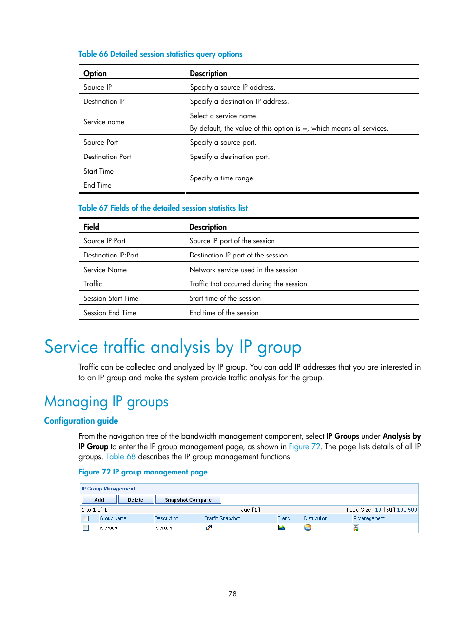 Service traffic analysis by ip group, Managing ip groups, Configuration guide | Table, Table 67 | H3C Technologies H3C SecCenter UTM Manager User Manual | Page 86 / 262