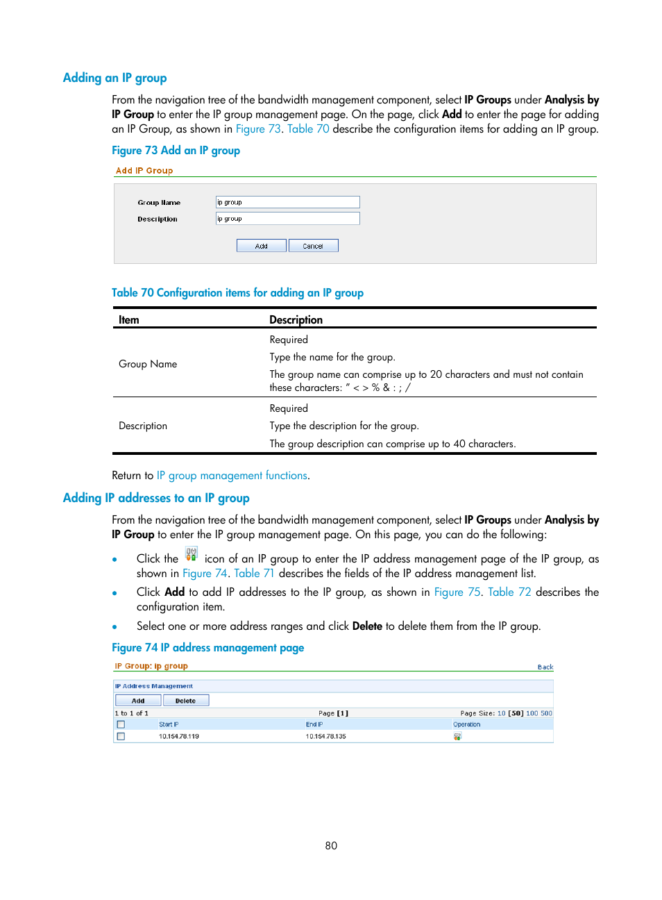 Adding an ip group, Adding ip addresses to an ip group, Adding ip addresses to | An ip group | H3C Technologies H3C SecCenter UTM Manager User Manual | Page 88 / 262