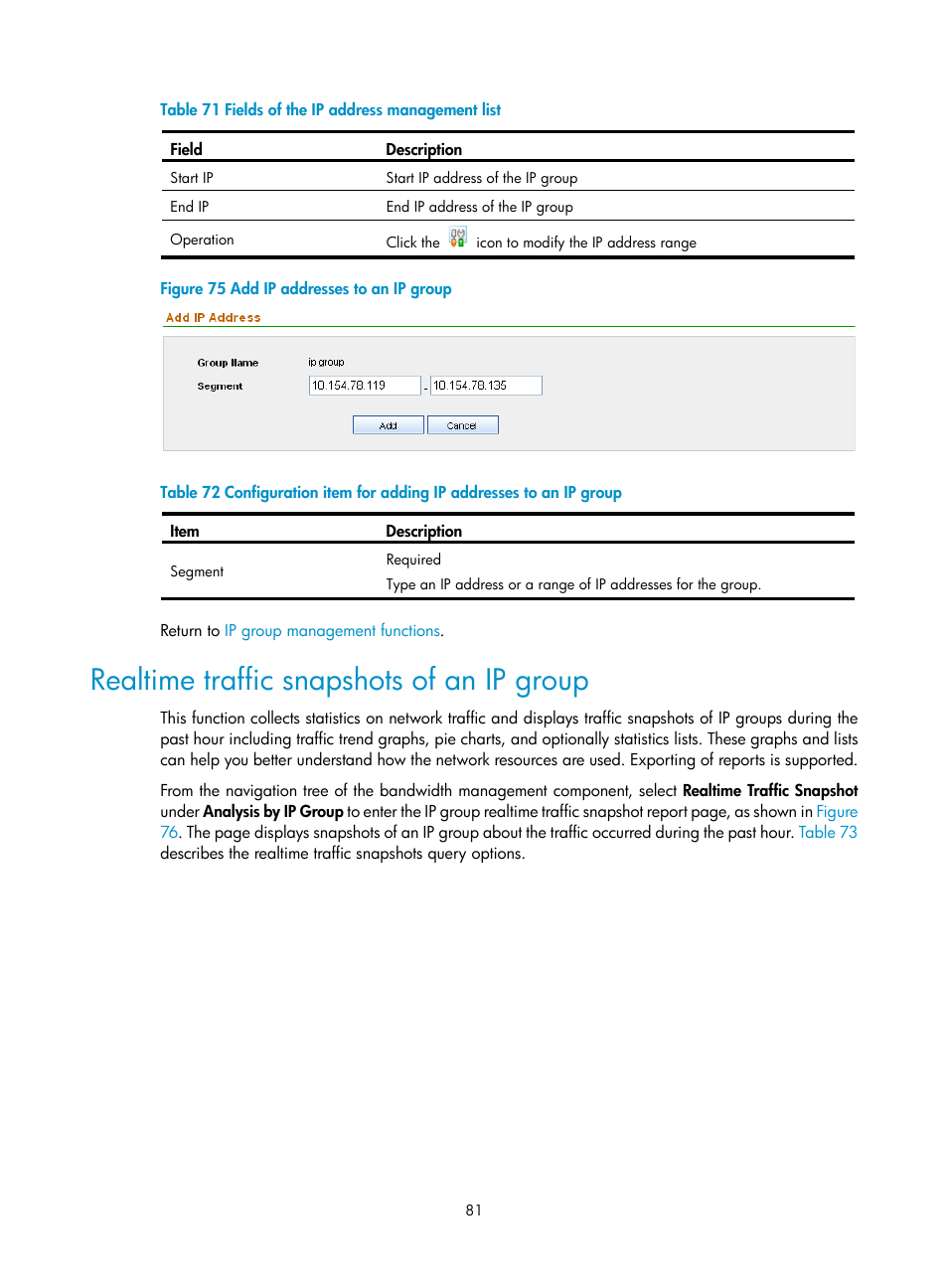 Realtime traffic snapshots of an ip group, Table 71, N in | Figure 75, Table 72 | H3C Technologies H3C SecCenter UTM Manager User Manual | Page 89 / 262