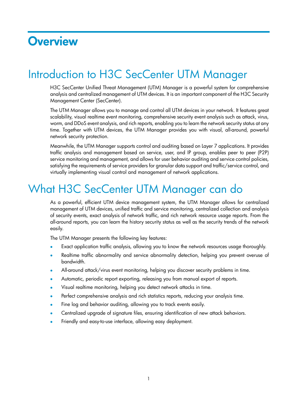 Overview, Introduction to h3c seccenter utm manager, What h3c seccenter utm manager can do | H3C Technologies H3C SecCenter UTM Manager User Manual | Page 9 / 262