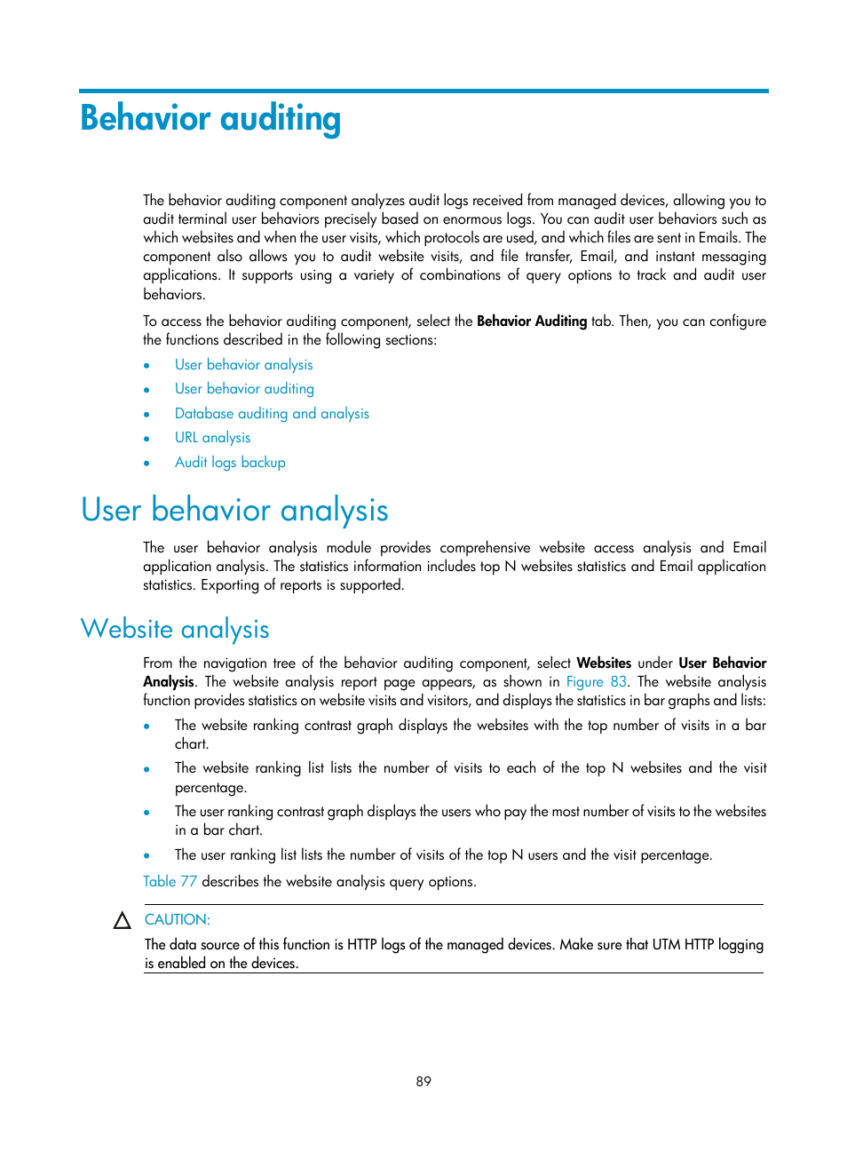 Behavior auditing, User behavior analysis, Website analysis | H3C Technologies H3C SecCenter UTM Manager User Manual | Page 97 / 262