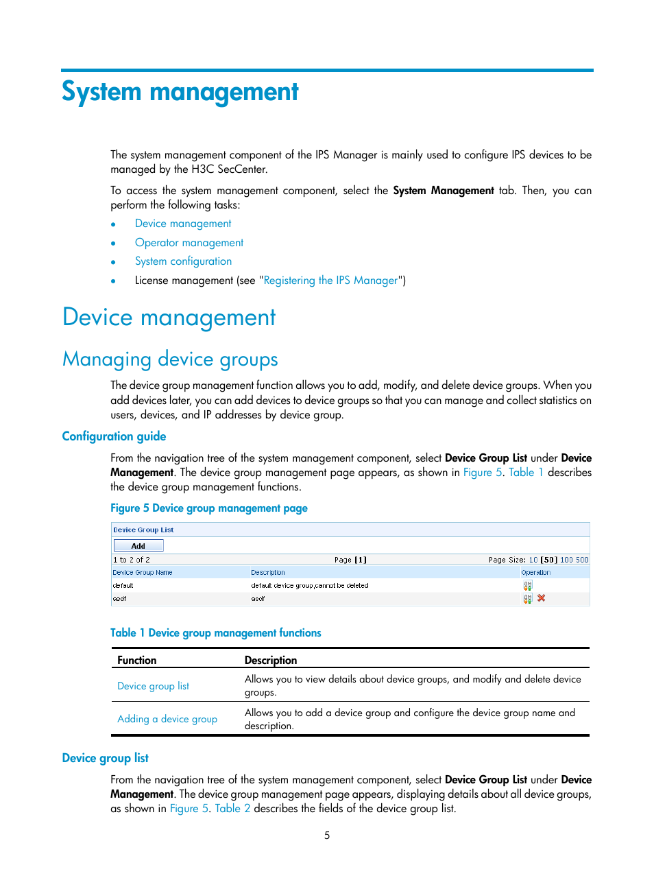 System management, Device management, Managing device groups | Configuration guide, Device group list | H3C Technologies H3C SecCenter IPS Manager User Manual | Page 11 / 91