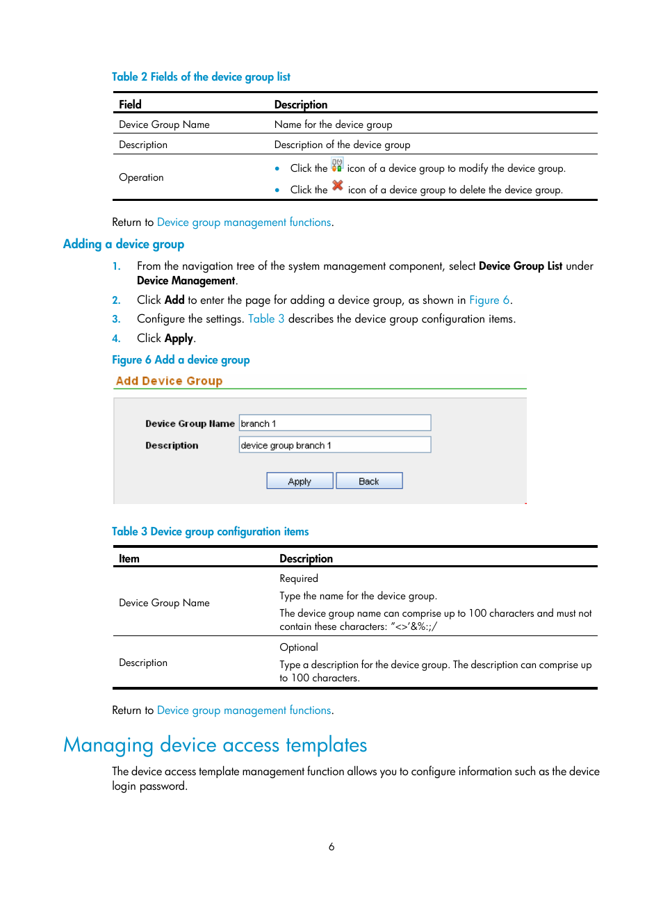 Adding a device group, Managing device access templates, Table 2 | H3C Technologies H3C SecCenter IPS Manager User Manual | Page 12 / 91