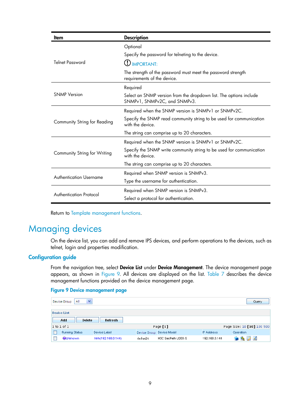 Managing devices, Configuration guide | H3C Technologies H3C SecCenter IPS Manager User Manual | Page 15 / 91