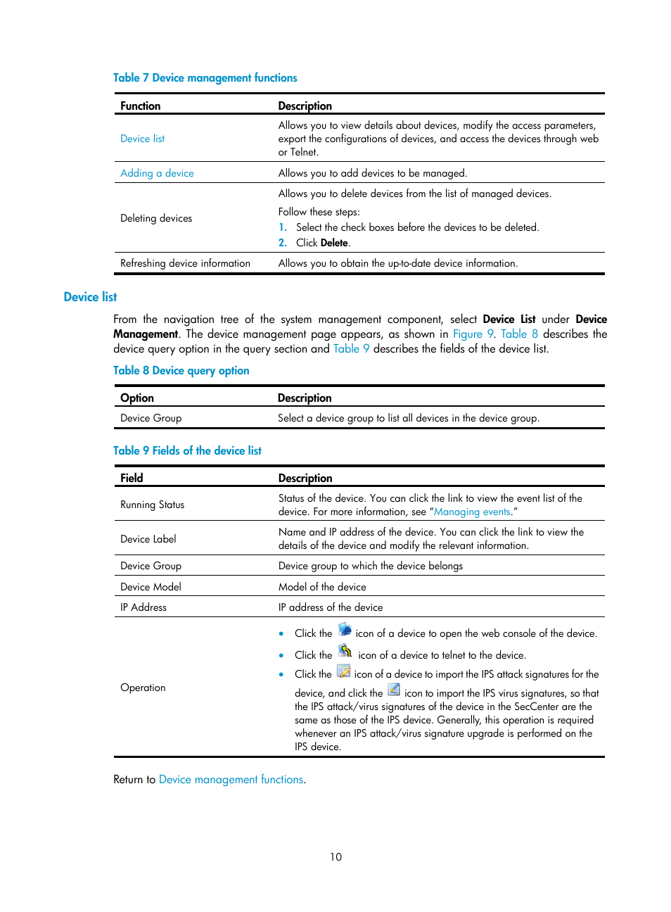 Device list, Table 7 | H3C Technologies H3C SecCenter IPS Manager User Manual | Page 16 / 91