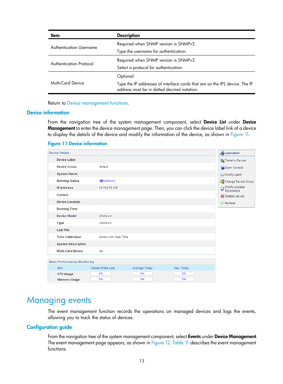 Device information, Managing events, Configuration guide | H3C Technologies H3C SecCenter IPS Manager User Manual | Page 19 / 91