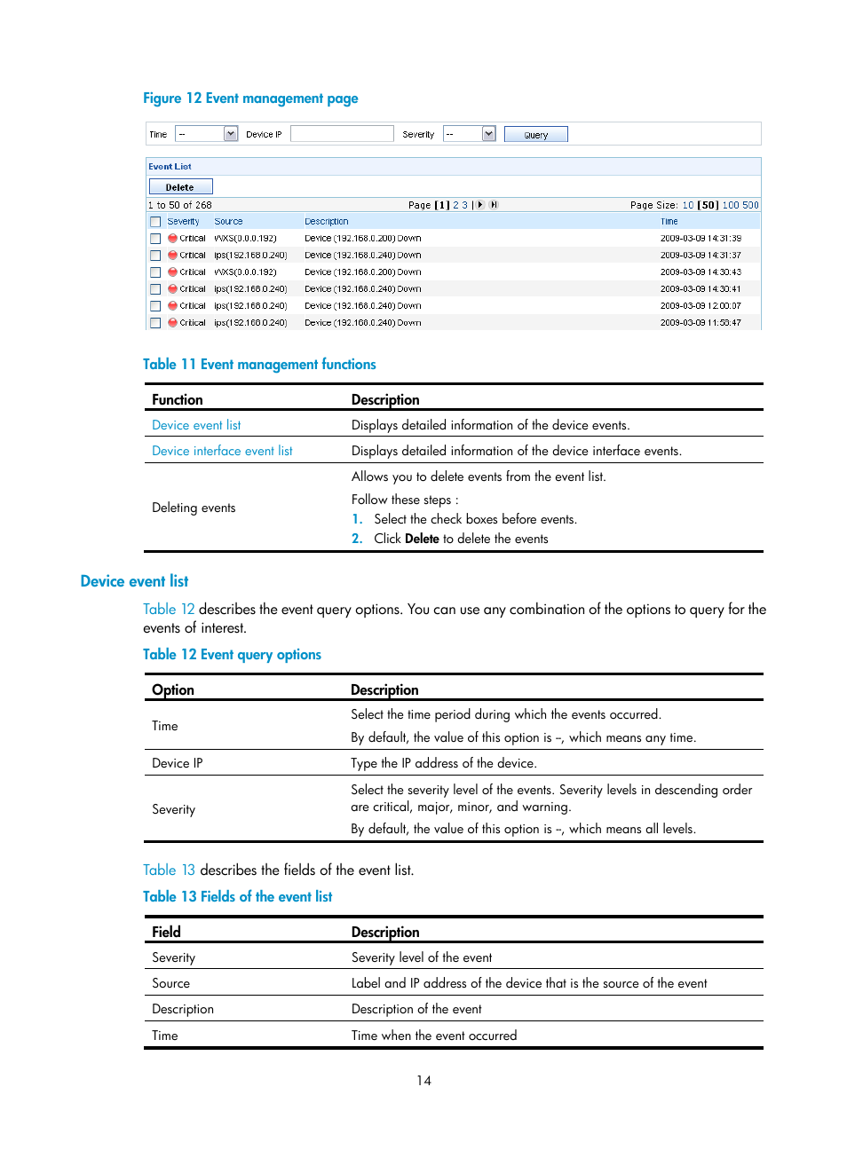 Device event list, Figure 12, Table 11 | H3C Technologies H3C SecCenter IPS Manager User Manual | Page 20 / 91