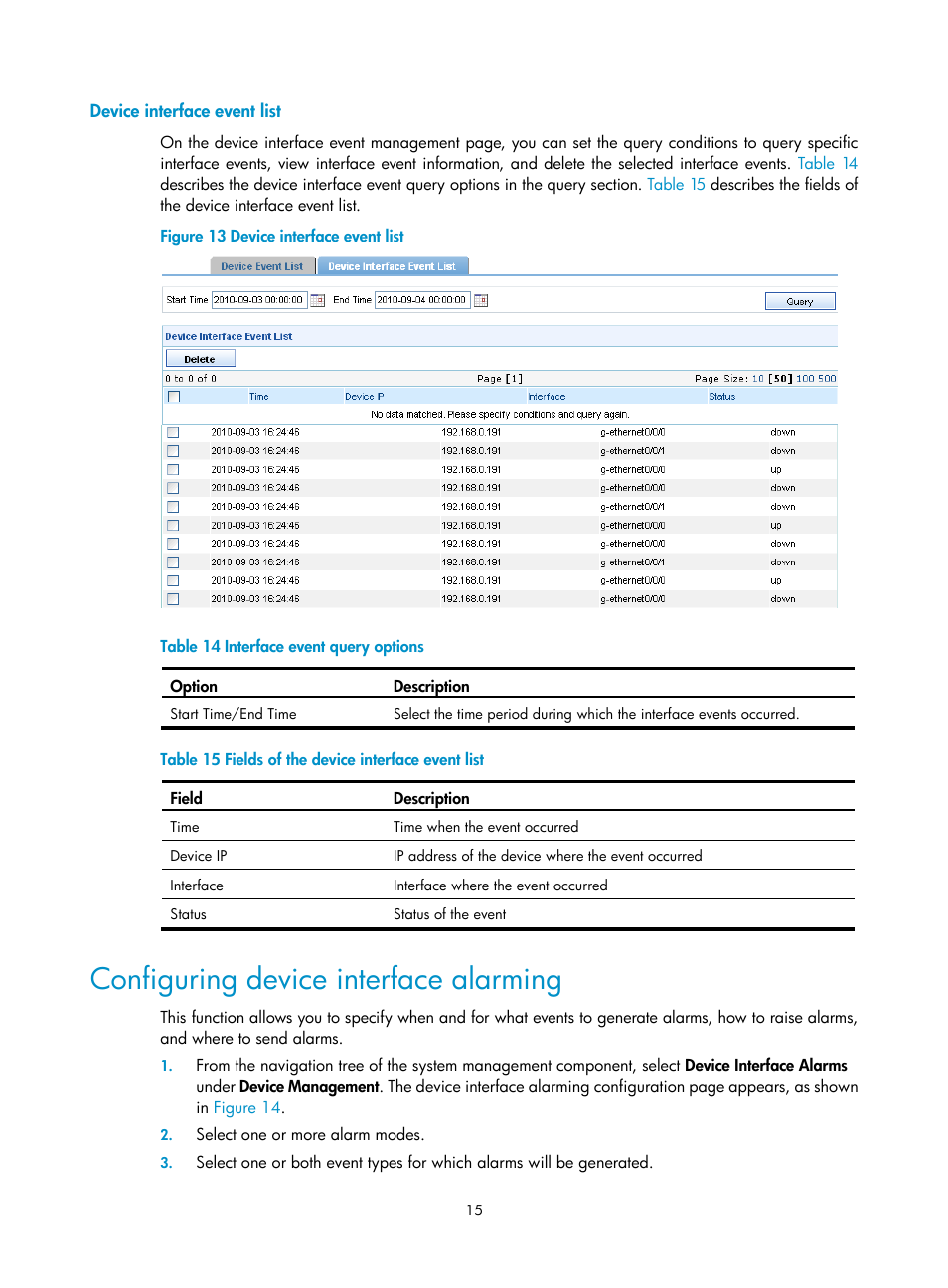 Device interface event list, Configuring device interface alarming | H3C Technologies H3C SecCenter IPS Manager User Manual | Page 21 / 91