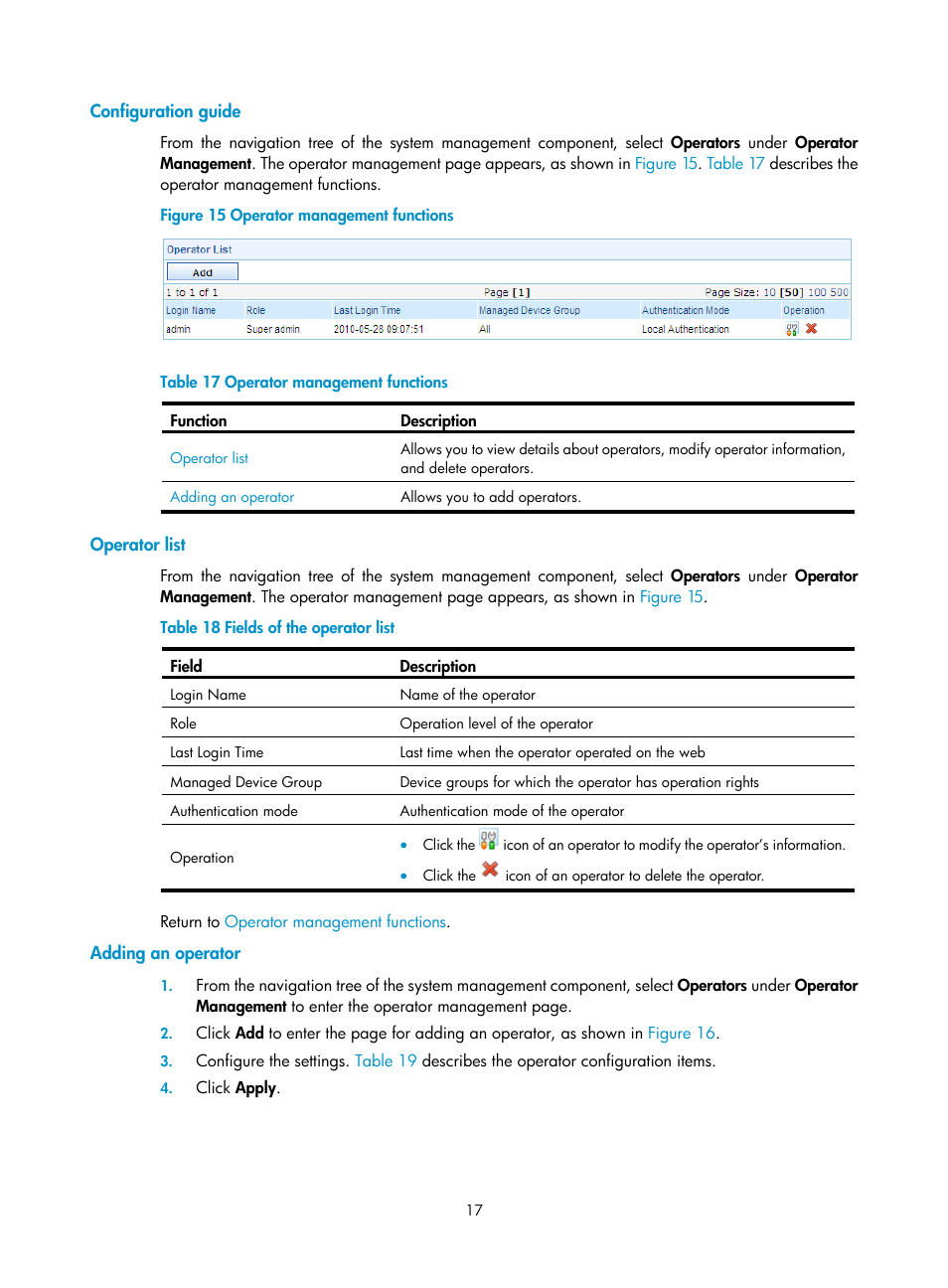 Configuration guide, Operator list, Adding an operator | H3C Technologies H3C SecCenter IPS Manager User Manual | Page 23 / 91