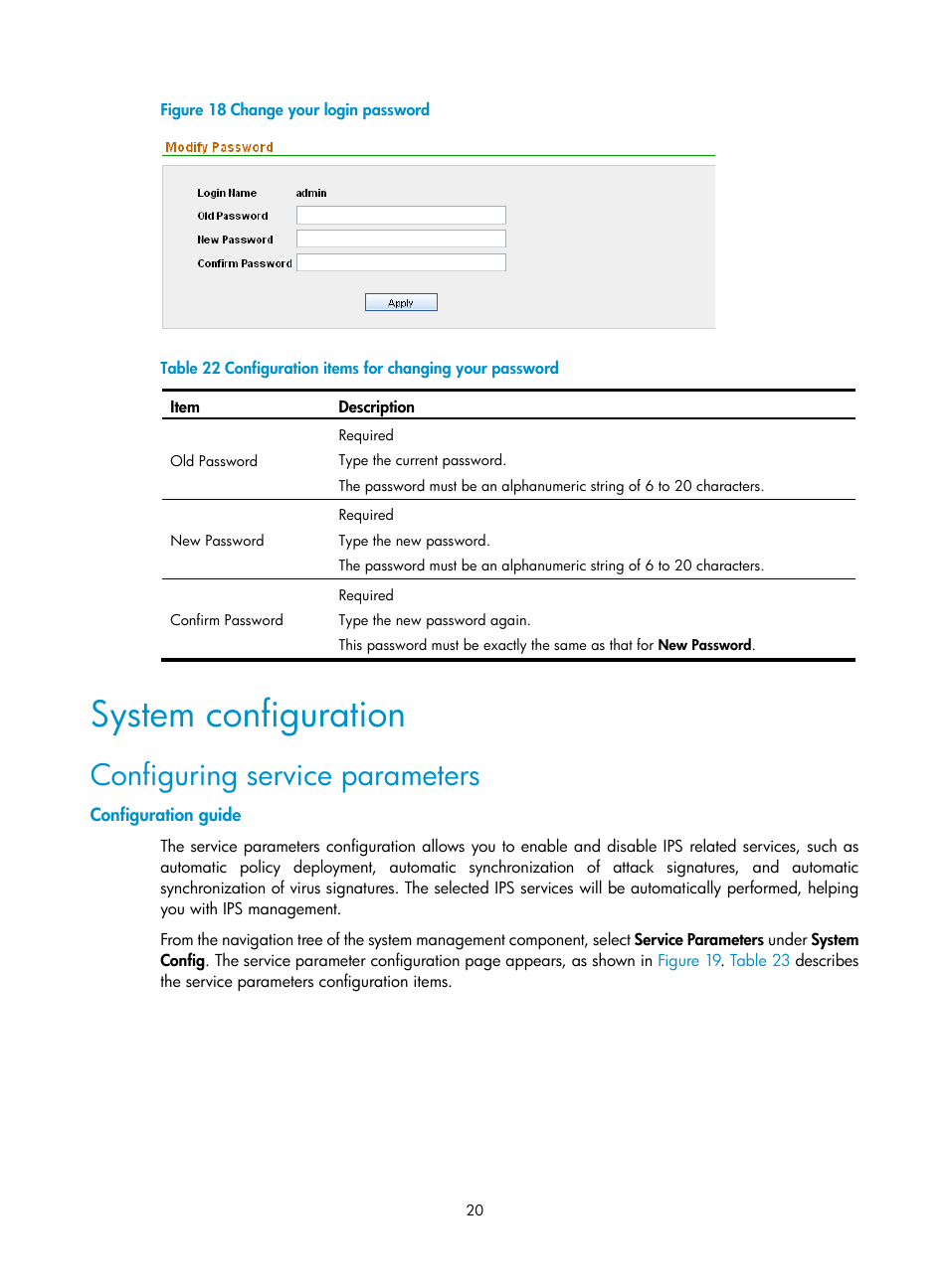 System configuration, Configuring service parameters, Configuration guide | Figure 18, Table 22 | H3C Technologies H3C SecCenter IPS Manager User Manual | Page 26 / 91