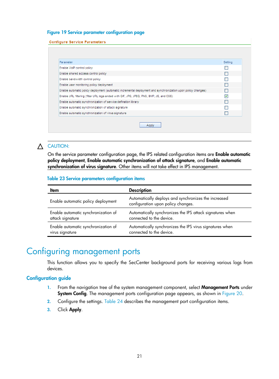 Configuring management ports, Configuration guide, N in | Figure 19, Table 23 | H3C Technologies H3C SecCenter IPS Manager User Manual | Page 27 / 91