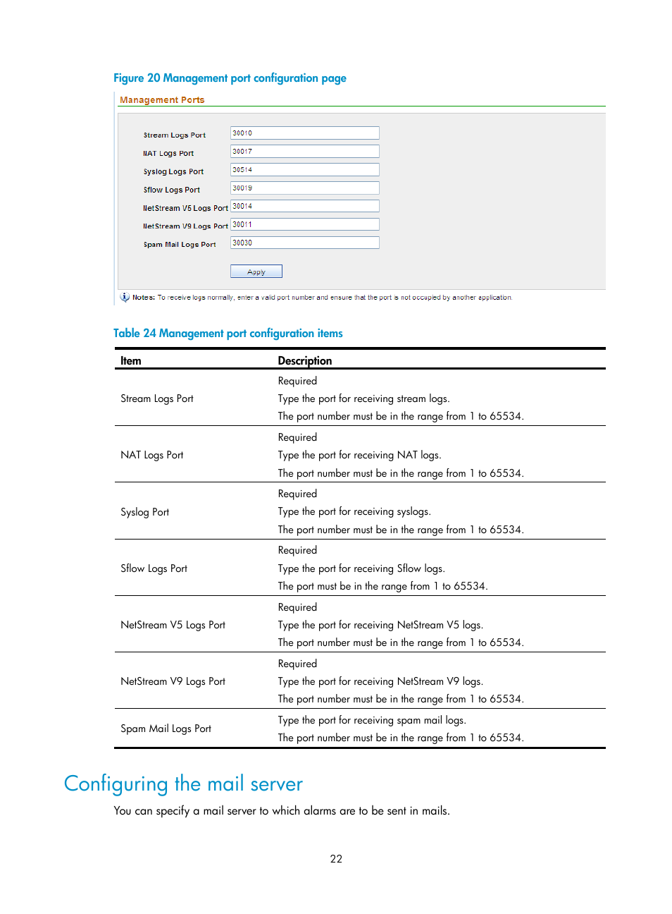 Configuring the mail server, Ge appears, as shown in, Figure 20 | Configure the settings, Table 24 | H3C Technologies H3C SecCenter IPS Manager User Manual | Page 28 / 91