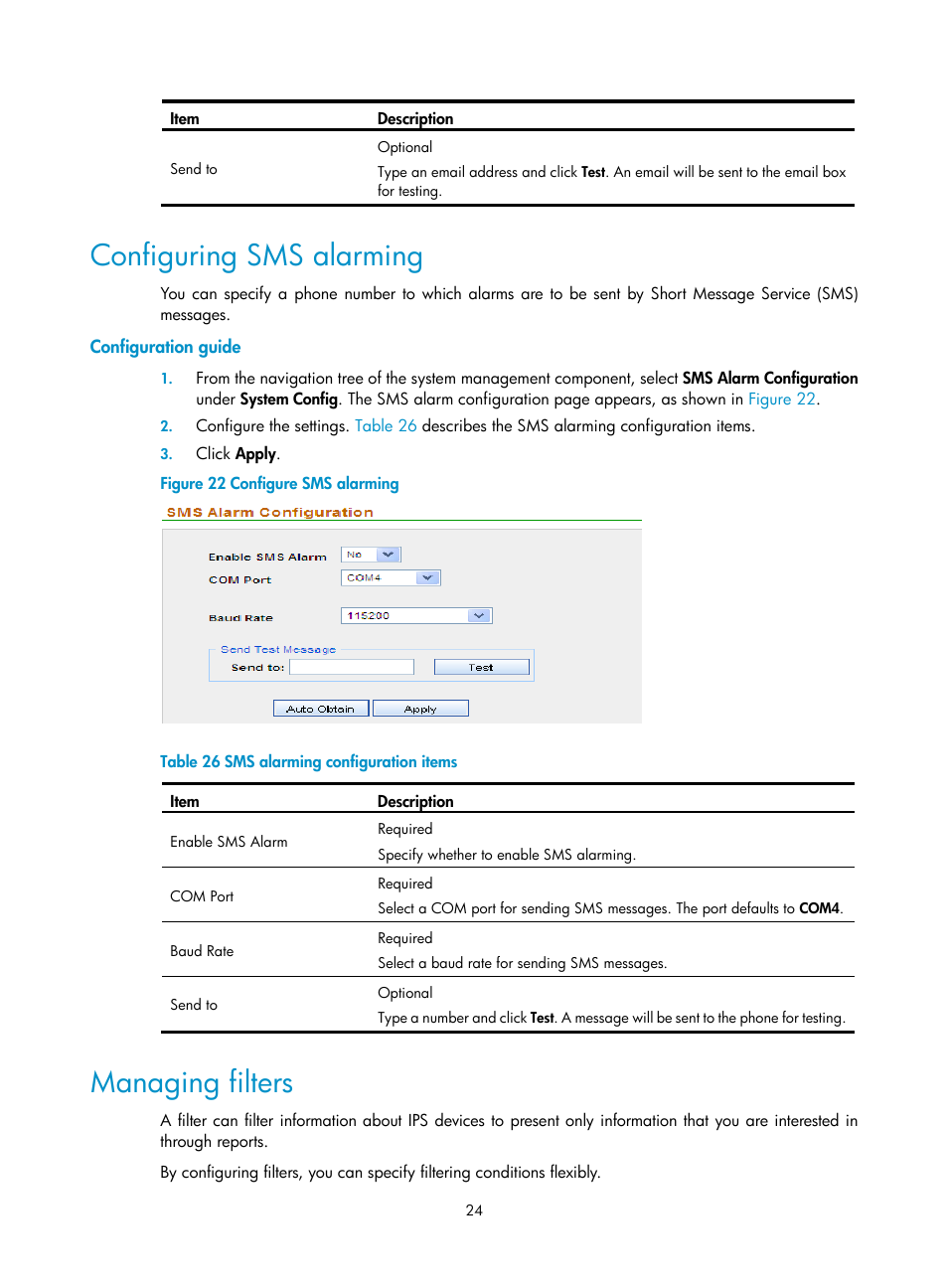 Configuring sms alarming, Configuration guide, Managing filters | H3C Technologies H3C SecCenter IPS Manager User Manual | Page 30 / 91