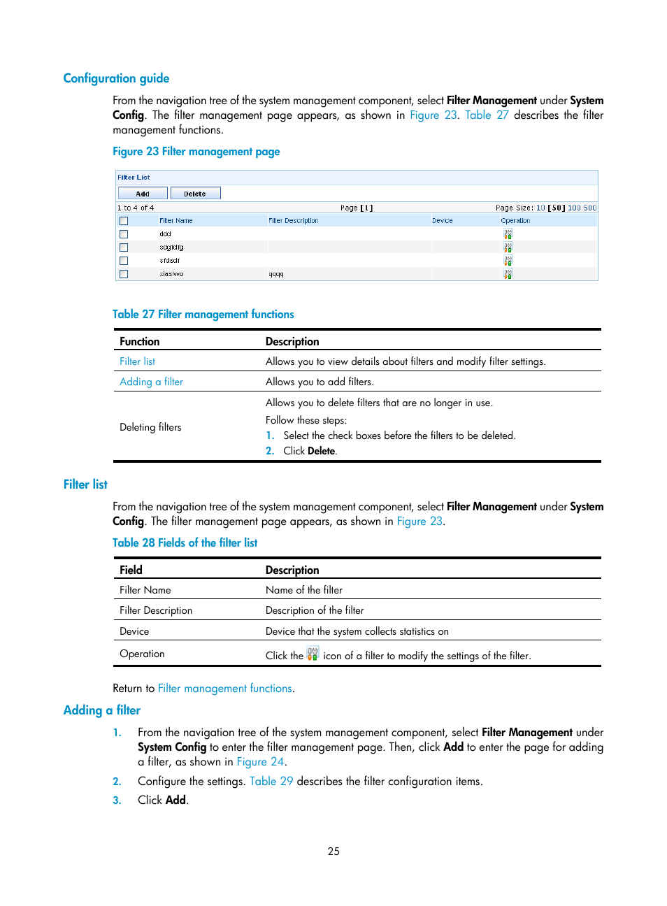 Configuration guide, Filter list, Adding a filter | H3C Technologies H3C SecCenter IPS Manager User Manual | Page 31 / 91