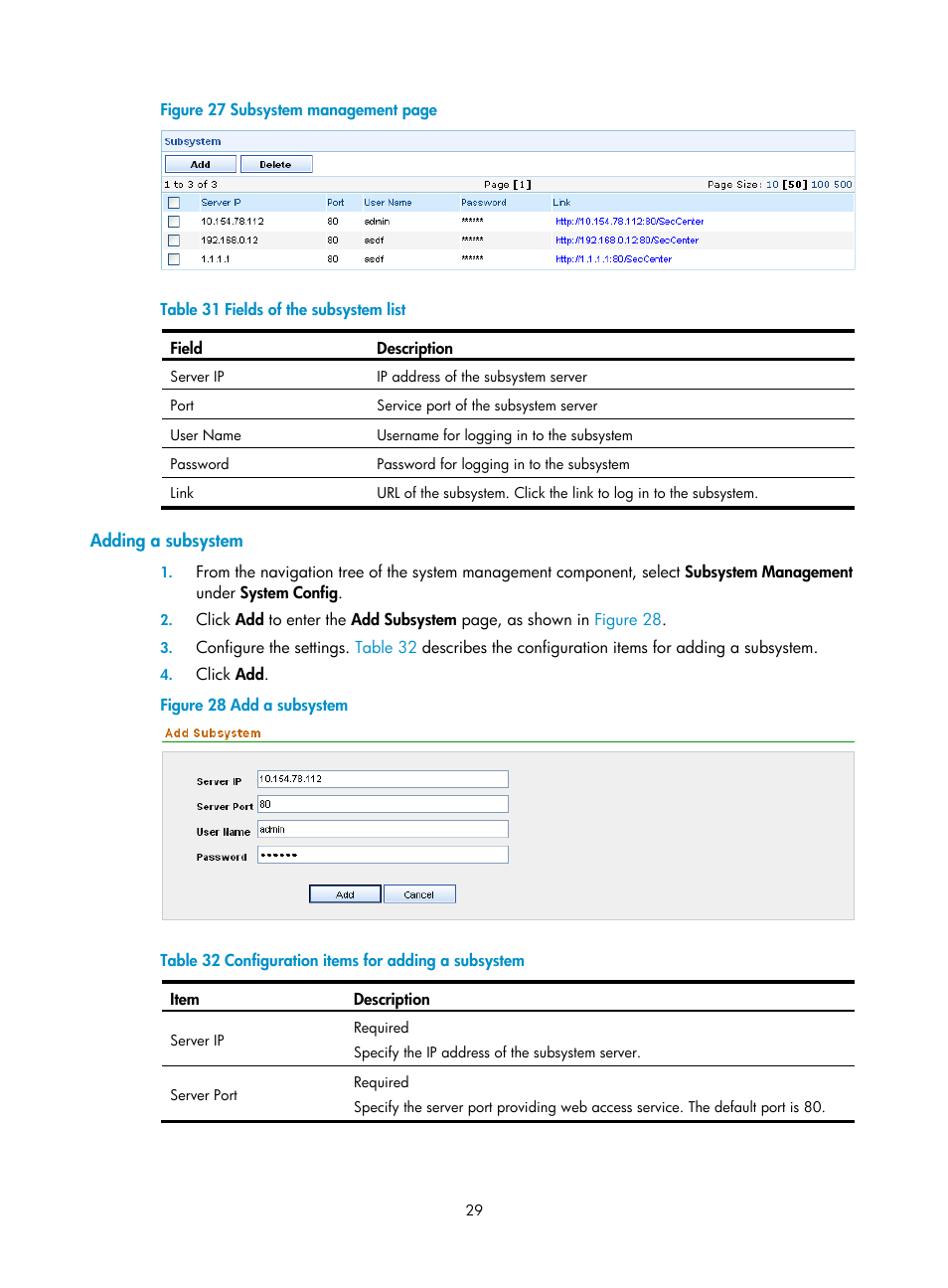 Adding a subsystem, Figure 27, Table 31 | H3C Technologies H3C SecCenter IPS Manager User Manual | Page 35 / 91