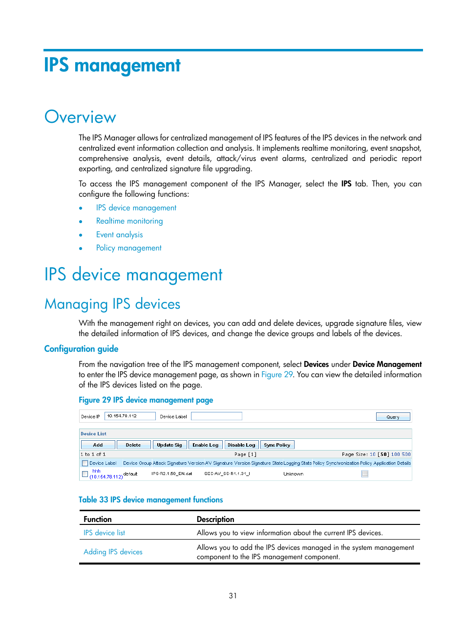 Ips management, Overview, Ips device management | Managing ips devices, Configuration guide | H3C Technologies H3C SecCenter IPS Manager User Manual | Page 37 / 91