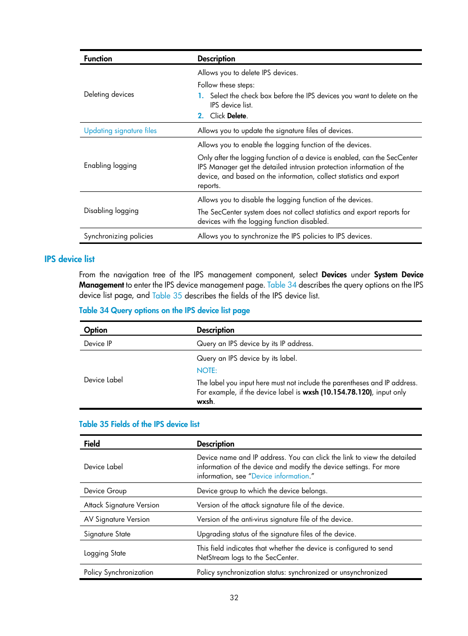 Ips device list | H3C Technologies H3C SecCenter IPS Manager User Manual | Page 38 / 91