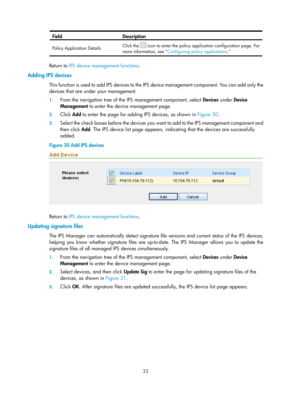 Adding ips devices, Updating signature files | H3C Technologies H3C SecCenter IPS Manager User Manual | Page 39 / 91