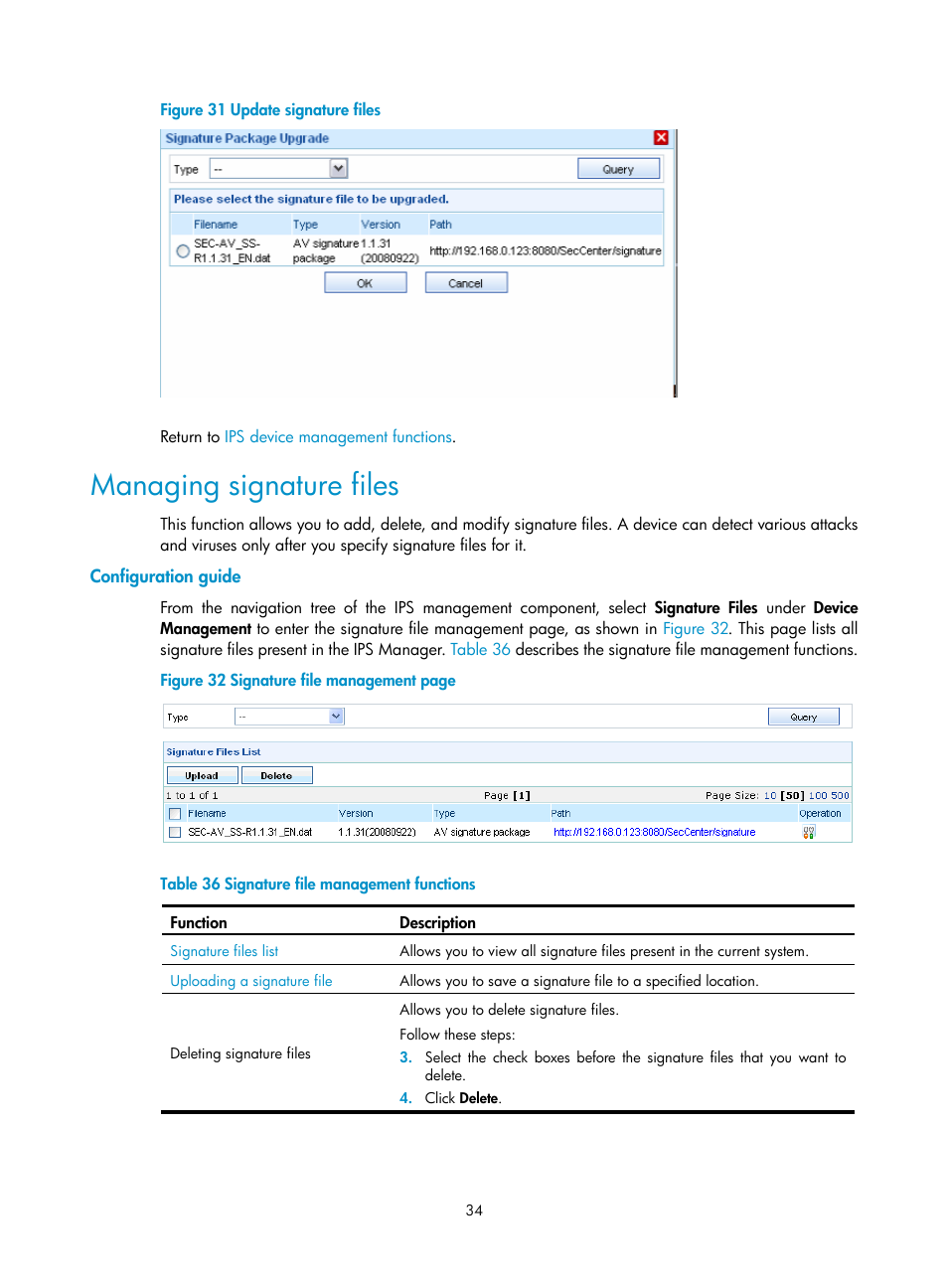 Managing signature files, Configuration guide, Devices, as shown in | Figure 31 | H3C Technologies H3C SecCenter IPS Manager User Manual | Page 40 / 91