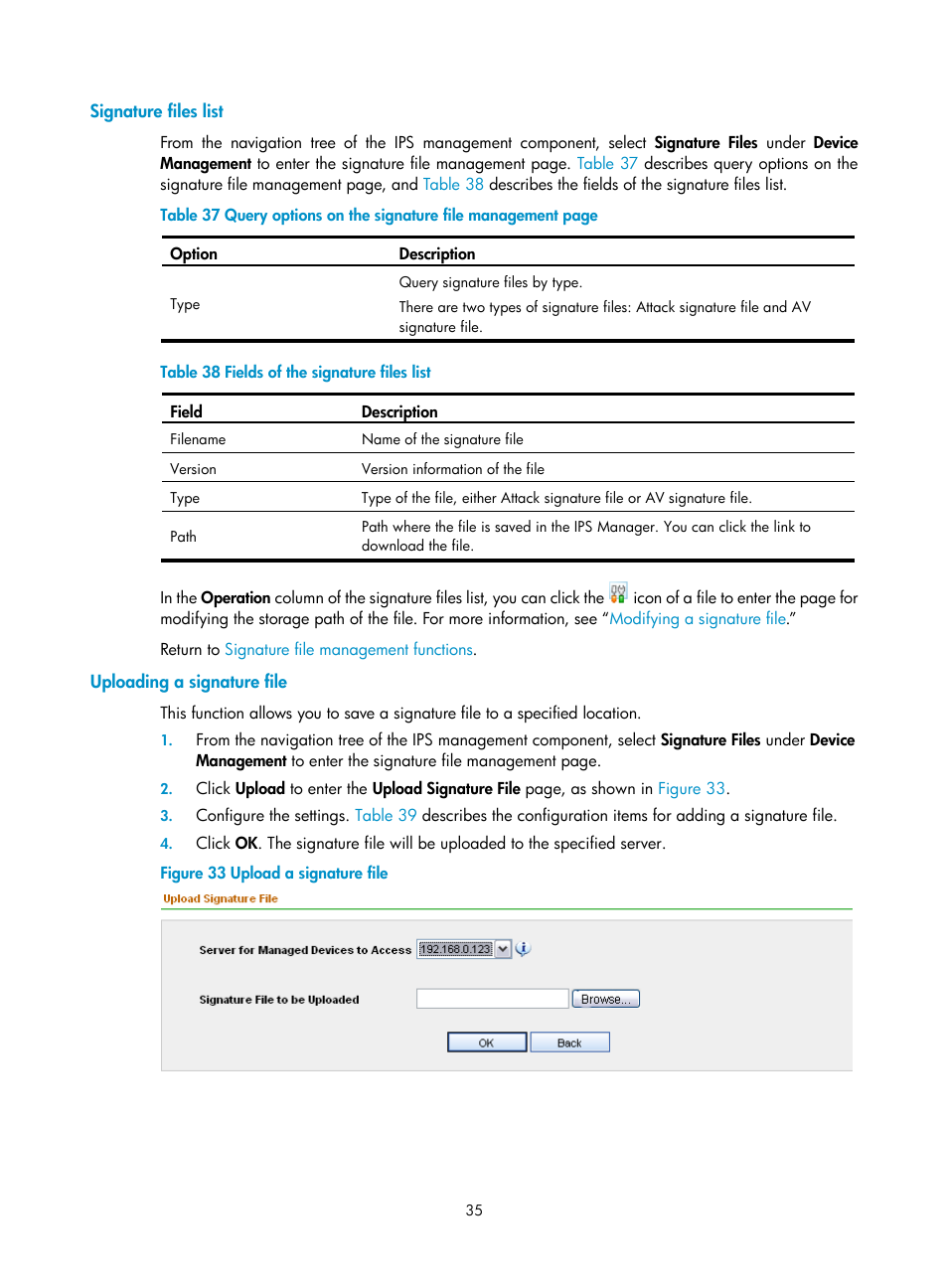 Signature files list, Uploading a signature file | H3C Technologies H3C SecCenter IPS Manager User Manual | Page 41 / 91