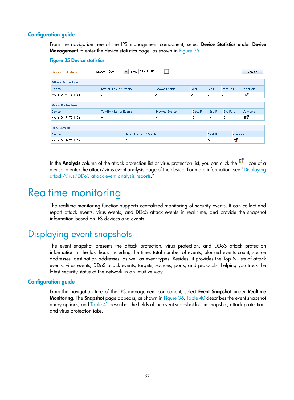 Configuration guide, Realtime monitoring, Displaying event snapshots | H3C Technologies H3C SecCenter IPS Manager User Manual | Page 43 / 91