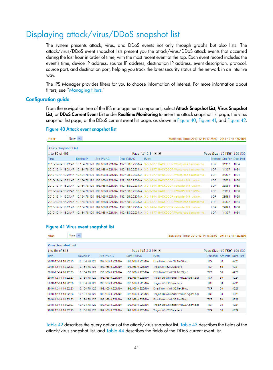 Displaying attack/virus/ddos snapshot list, Configuration guide | H3C Technologies H3C SecCenter IPS Manager User Manual | Page 47 / 91