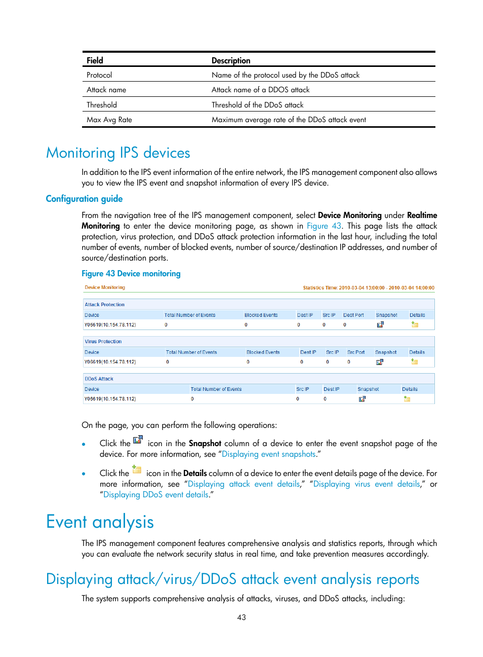 Monitoring ips devices, Configuration guide, Event analysis | Displaying, Attack/virus/ddos attack event analysis reports | H3C Technologies H3C SecCenter IPS Manager User Manual | Page 49 / 91