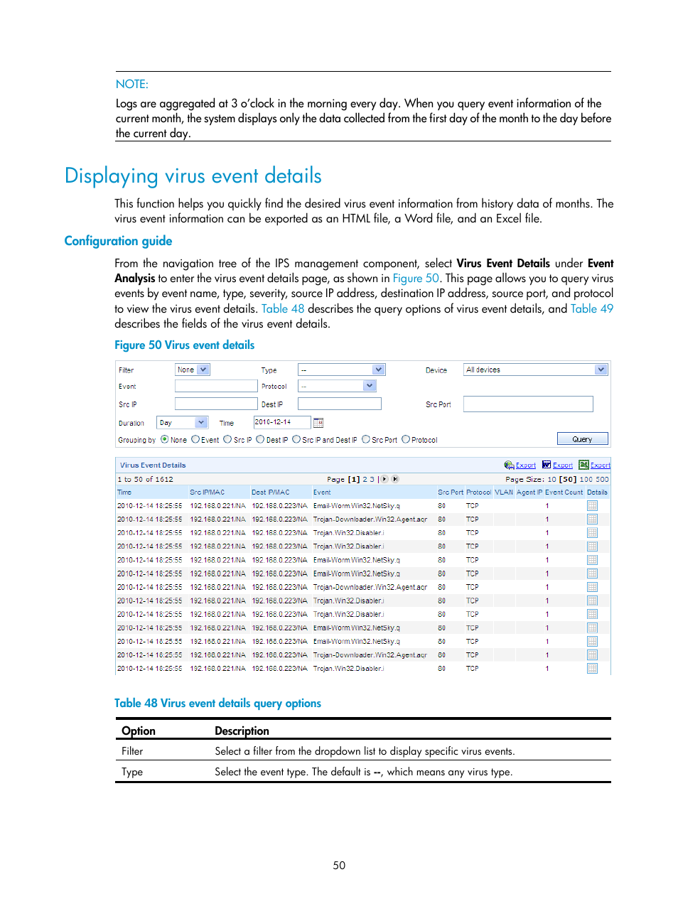 Displaying virus event details, Configuration guide | H3C Technologies H3C SecCenter IPS Manager User Manual | Page 56 / 91