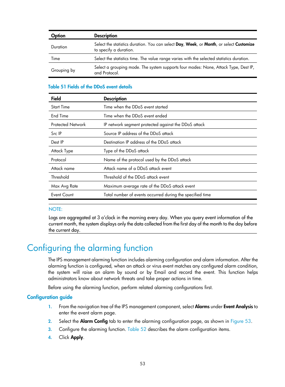Configuring the alarming function, Configuration guide, Table 51 | H3C Technologies H3C SecCenter IPS Manager User Manual | Page 59 / 91
