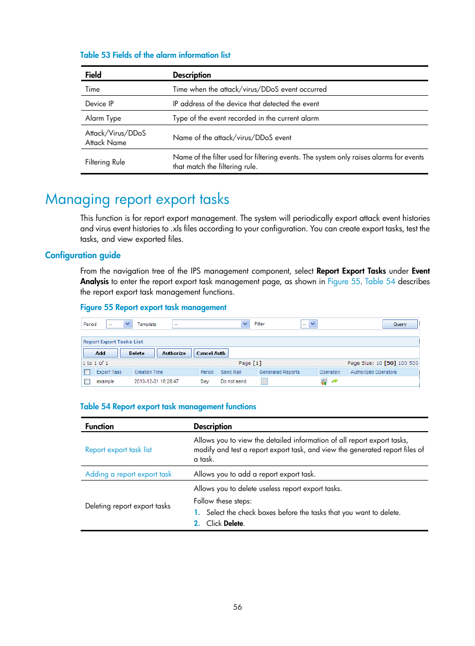 Managing report export tasks, Configuration guide, Table 53 | H3C Technologies H3C SecCenter IPS Manager User Manual | Page 62 / 91