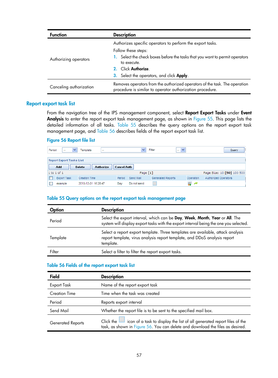 Report export task list | H3C Technologies H3C SecCenter IPS Manager User Manual | Page 63 / 91