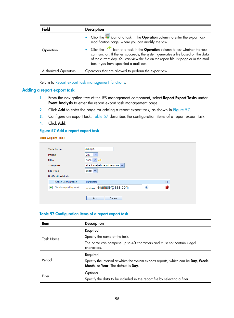 Adding a report export task | H3C Technologies H3C SecCenter IPS Manager User Manual | Page 64 / 91
