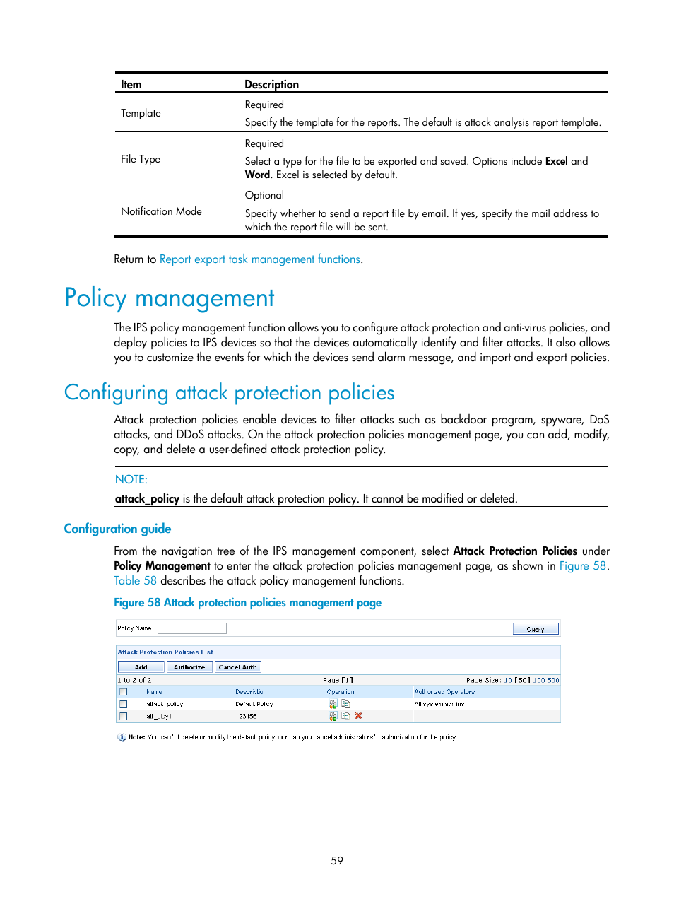 Policy management, Configuring attack protection policies, Configuration guide | H3C Technologies H3C SecCenter IPS Manager User Manual | Page 65 / 91