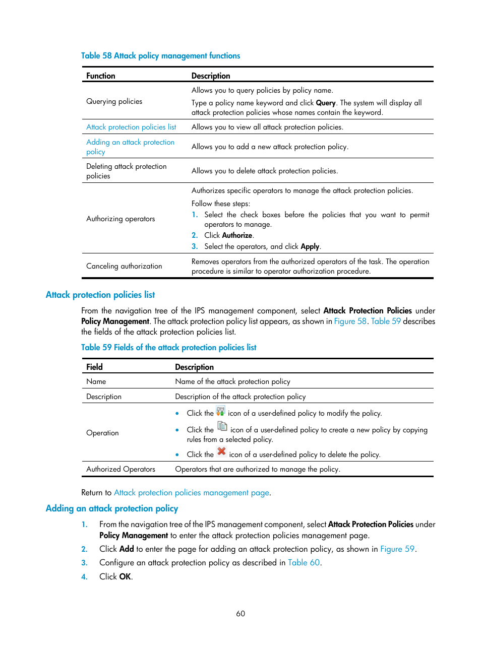 Attack protection policies list, Adding an attack protection policy, Table 58 | H3C Technologies H3C SecCenter IPS Manager User Manual | Page 66 / 91