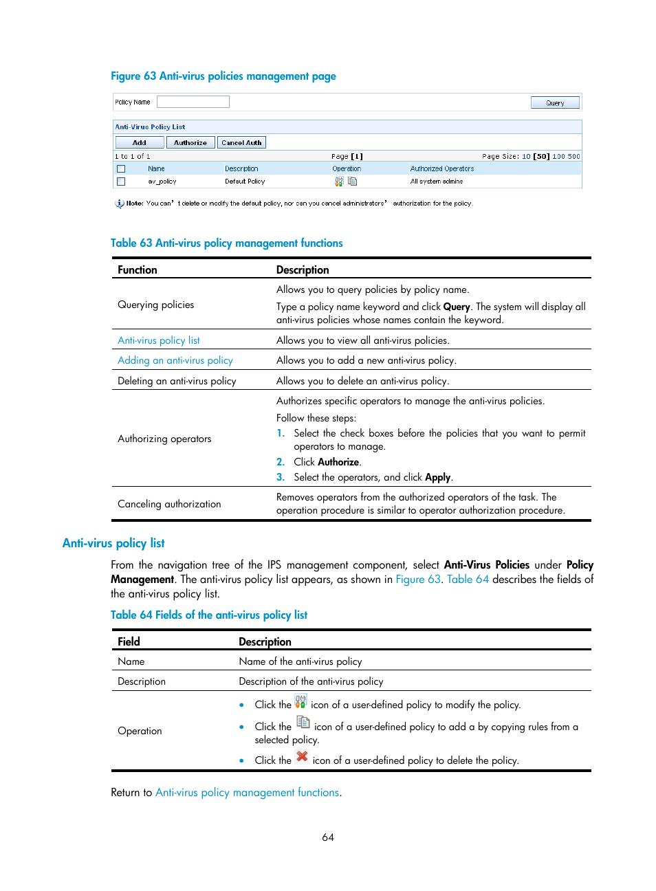 Anti-virus policy list, Figure 63 | H3C Technologies H3C SecCenter IPS Manager User Manual | Page 70 / 91