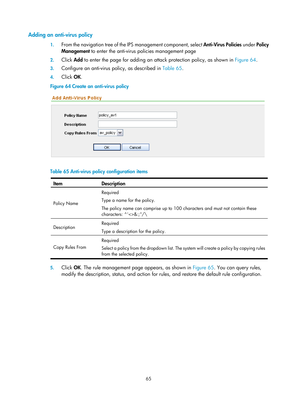 Adding an anti-virus policy | H3C Technologies H3C SecCenter IPS Manager User Manual | Page 71 / 91