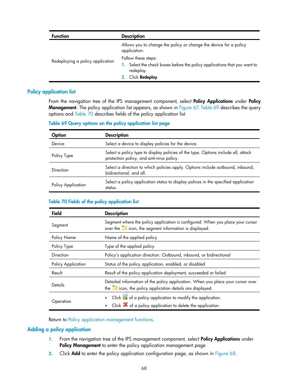 Policy application list, Adding a policy application, Table 69 | H3C Technologies H3C SecCenter IPS Manager User Manual | Page 74 / 91