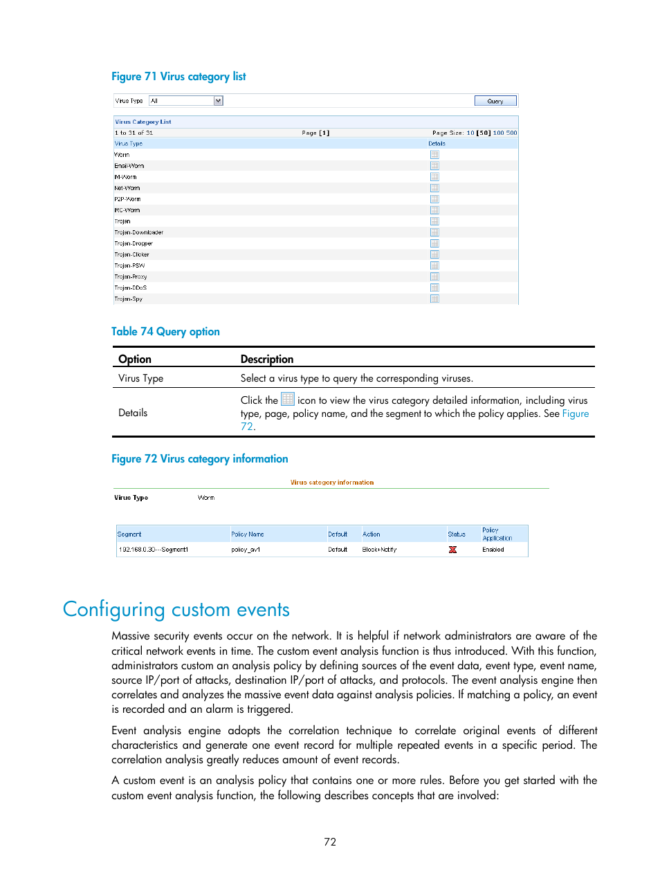 Configuring custom events, Figure 71, Table 74 | H3C Technologies H3C SecCenter IPS Manager User Manual | Page 78 / 91