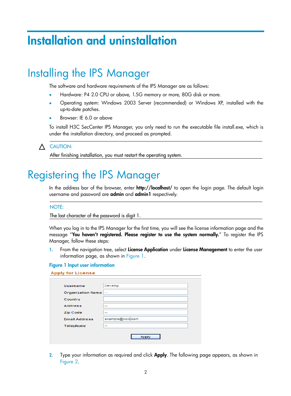 Installation and uninstallation, Installing the ips manager, Registering the ips manager | H3C Technologies H3C SecCenter IPS Manager User Manual | Page 8 / 91