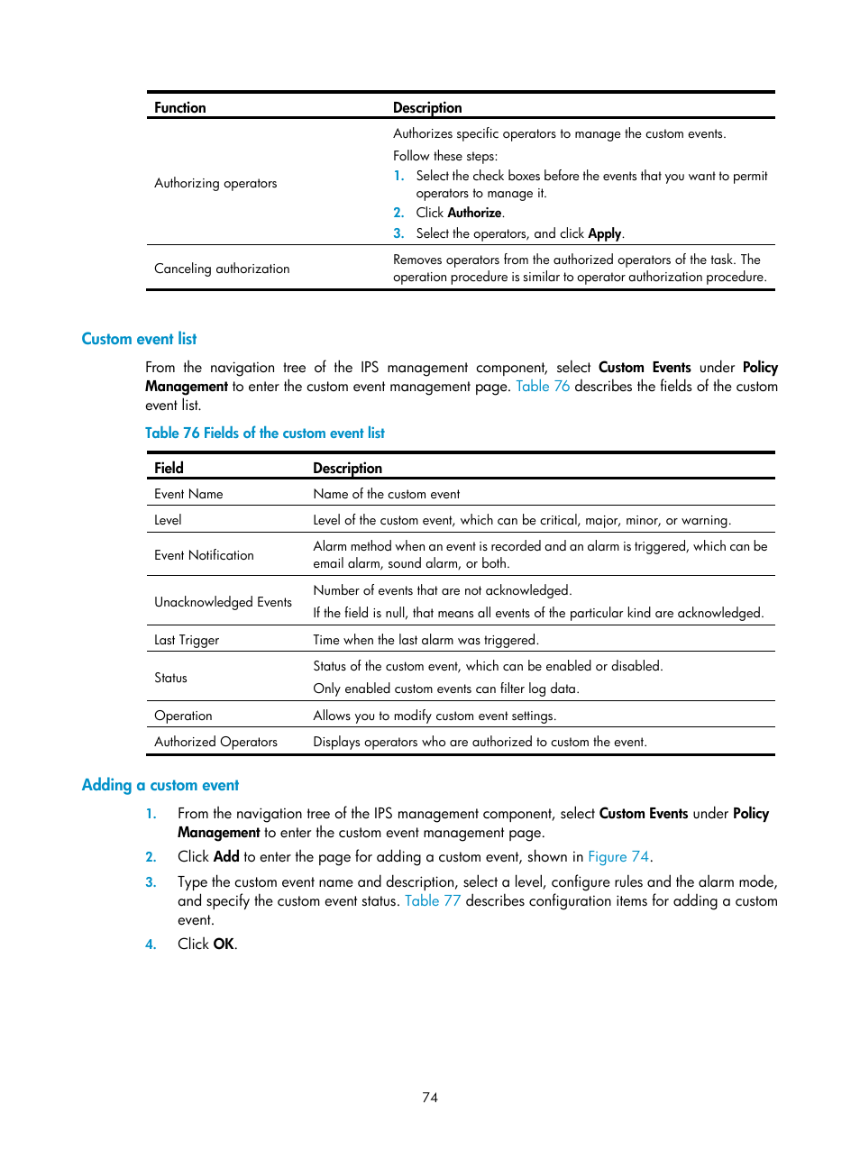 Custom event list, Adding a custom event | H3C Technologies H3C SecCenter IPS Manager User Manual | Page 80 / 91
