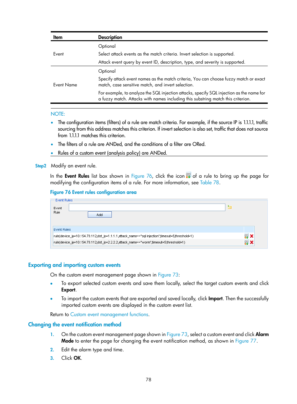 Exporting and importing custom events, Changing the event notification method | H3C Technologies H3C SecCenter IPS Manager User Manual | Page 84 / 91
