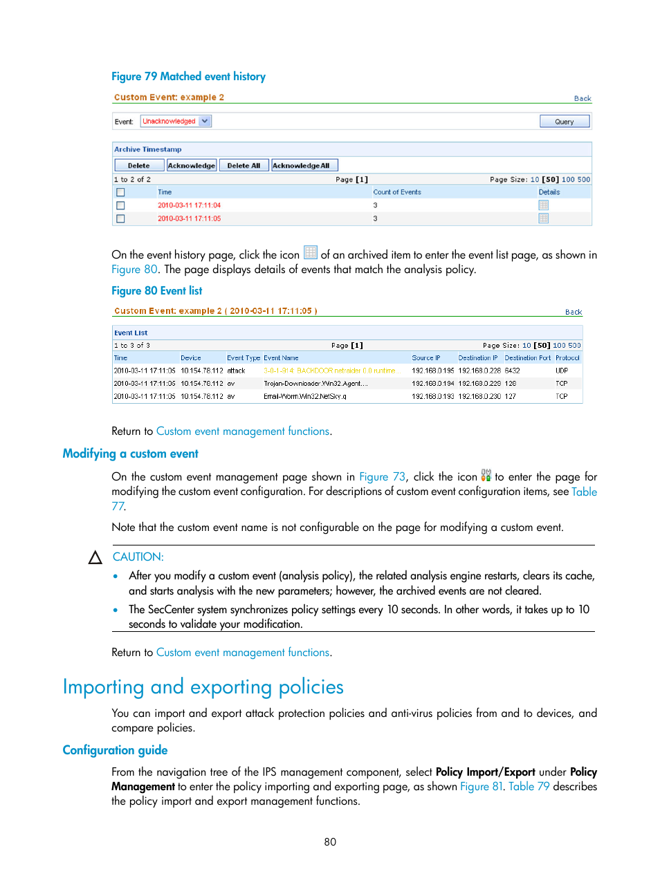 Modifying a custom event, Importing and exporting policies, Configuration guide | N in, Figure 79 | H3C Technologies H3C SecCenter IPS Manager User Manual | Page 86 / 91