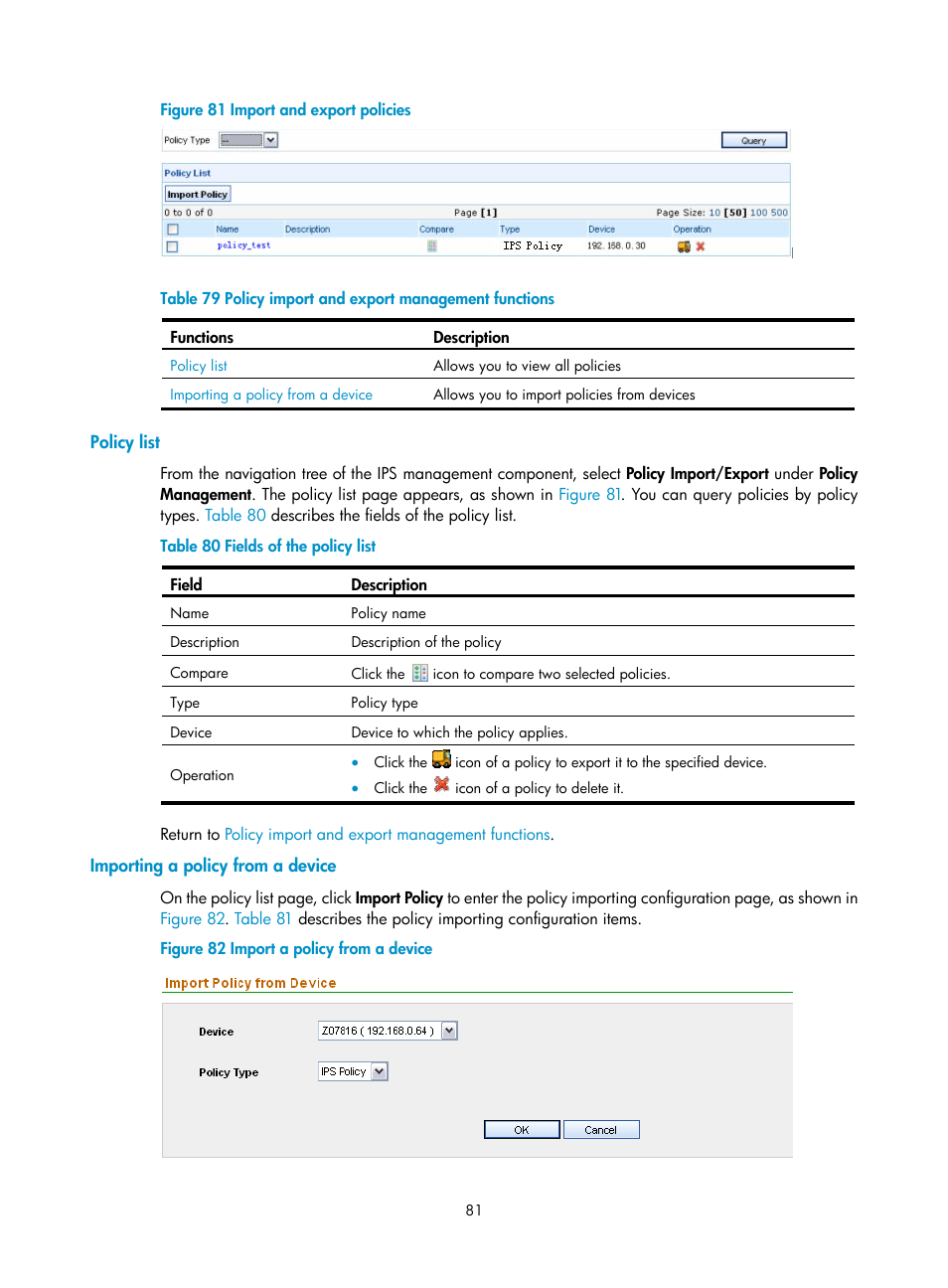 Policy list, Importing a policy from a device, Figure 81 | Table 79 | H3C Technologies H3C SecCenter IPS Manager User Manual | Page 87 / 91