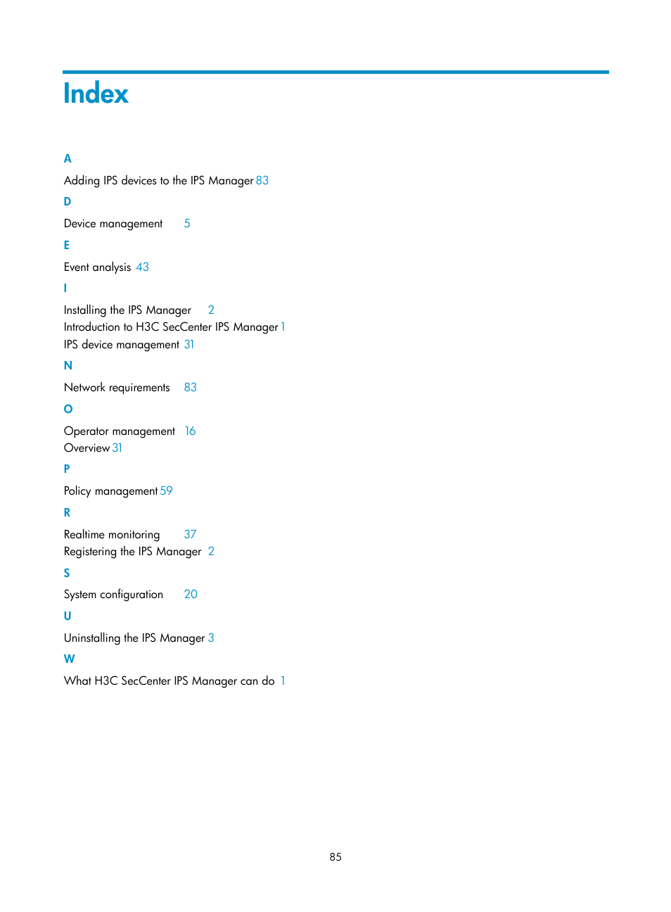 Index | H3C Technologies H3C SecCenter IPS Manager User Manual | Page 91 / 91