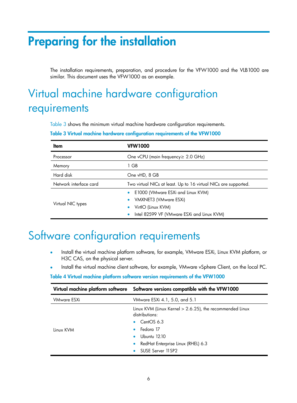 Preparing for the installation, Software configuration requirements | H3C Technologies H3C VMSG VFW1000 User Manual | Page 11 / 95