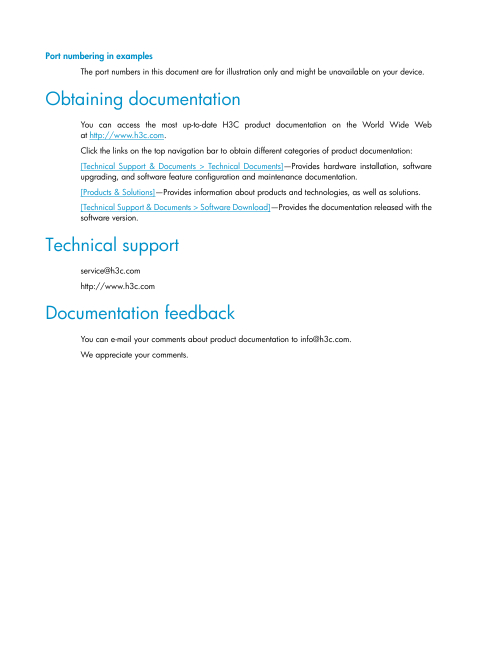 Port numbering in examples, Obtaining documentation, Technical support | Documentation feedback | H3C Technologies H3C VMSG VFW1000 User Manual | Page 4 / 95