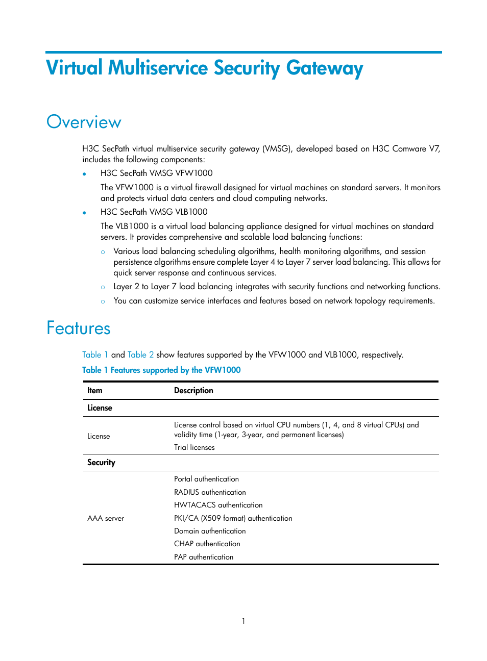 Virtual multiservice security gateway, Overview, Features | H3C Technologies H3C VMSG VFW1000 User Manual | Page 6 / 95